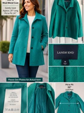 Lands' End Women's Teal Wool-Blend Coat Size 16